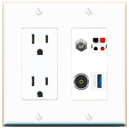 RiteAV COAX SPEAKER TOSLINK USB-3 Wall Plate with 15A Power Outlet [White]