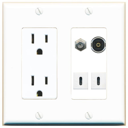 RiteAV COAX TOSLINK 2 USBC Wall Plate with 15A Power Outlet [White]