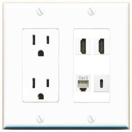 RiteAV 2 HDMI PHONE USBC Wall Plate with 15A Power Outlet [White]