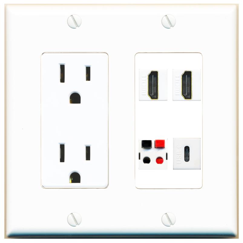 RiteAV 2 HDMI SPEAKER USBC Wall Plate with 15A Power Outlet [White]