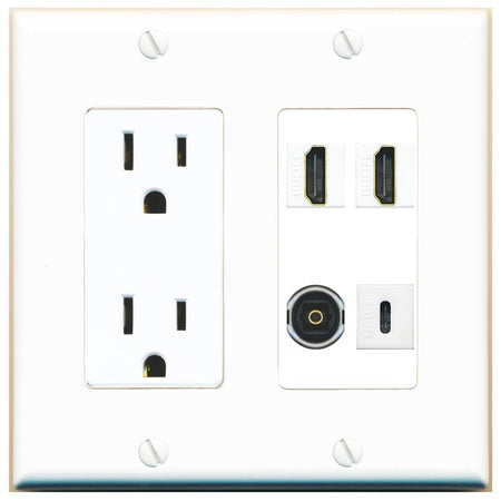 RiteAV 2 HDMI TOSLINK USBC Wall Plate with 15A Power Outlet [White]