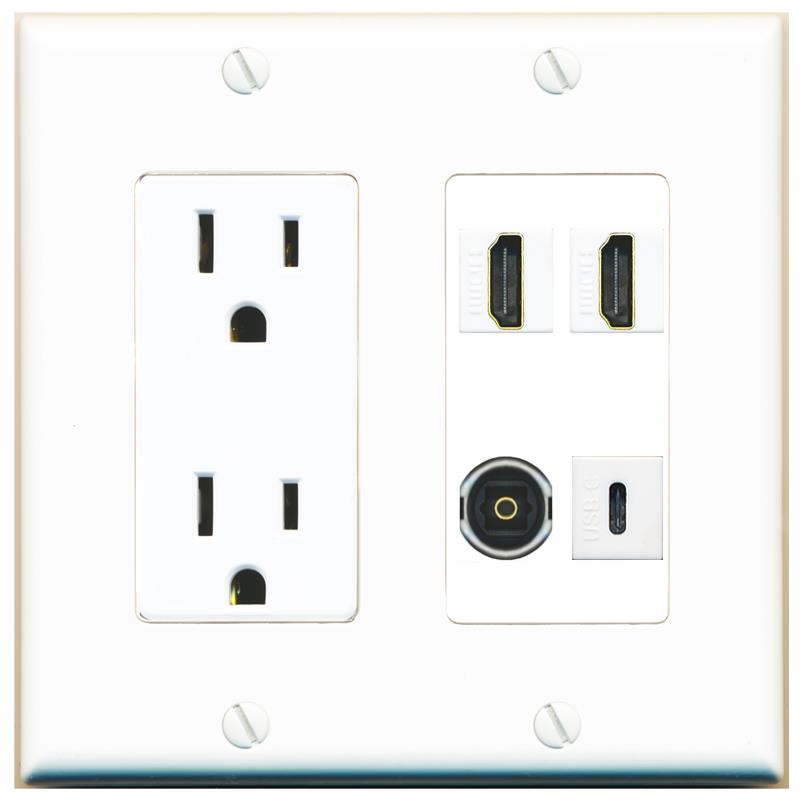 RiteAV 2 HDMI TOSLINK USBC Wall Plate with 15A Power Outlet [White]