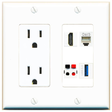 RiteAV HDMI PHONE SPEAKER USB-3 Wall Plate with 15A Power Outlet [White]