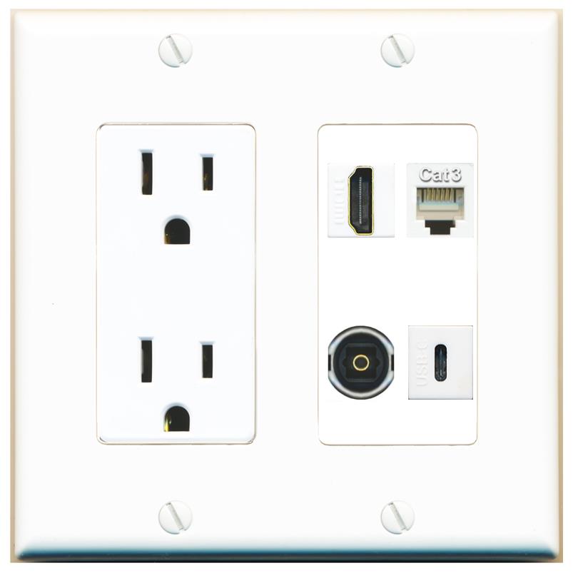 RiteAV HDMI PHONE TOSLINK USBC Wall Plate with 15A Power Outlet [White]