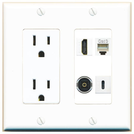 RiteAV HDMI PHONE TOSLINK USBC Wall Plate with 15A Power Outlet [White]