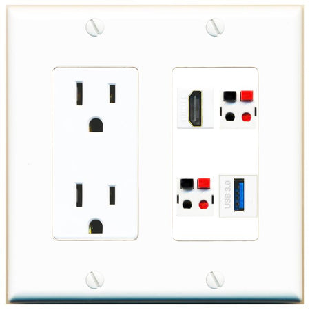 RiteAV HDMI 2 SPEAKER USB-3 Wall Plate with 15A Power Outlet [White]