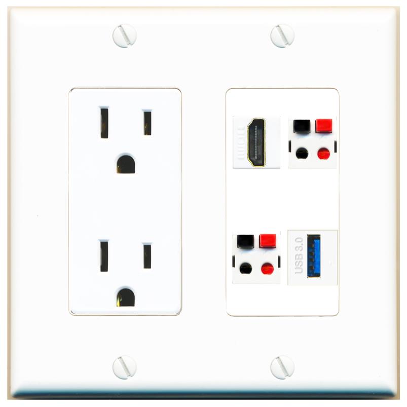 RiteAV HDMI 2 SPEAKER USB-3 Wall Plate with 15A Power Outlet [White]