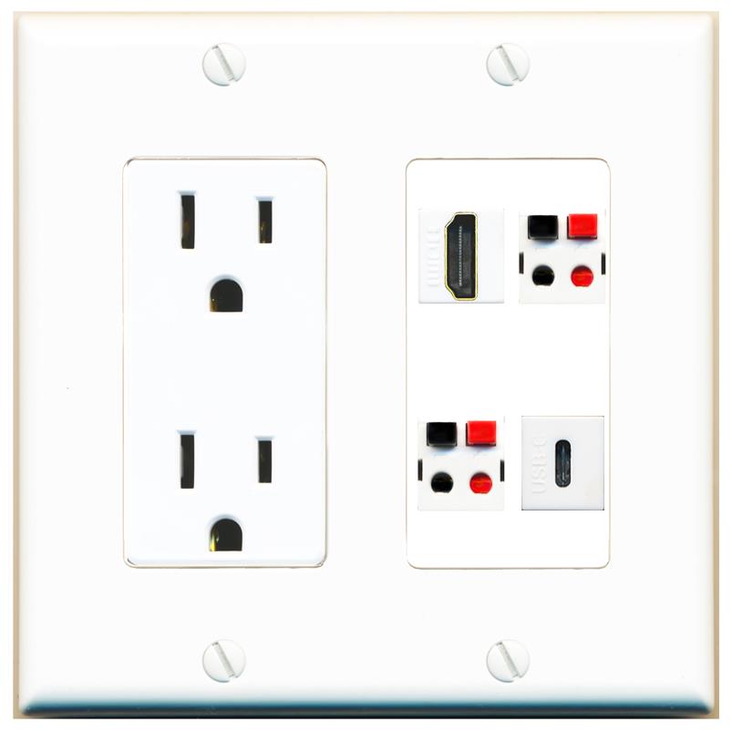 RiteAV HDMI 2 SPEAKER USBC Wall Plate with 15A Power Outlet [White]