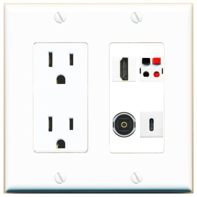 RiteAV HDMI SPEAKER TOSLINK USBC Wall Plate with 15A Power Outlet [White]
