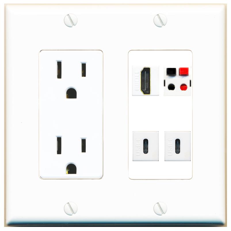 RiteAV HDMI SPEAKER 2 USBC Wall Plate with 15A Power Outlet [White]