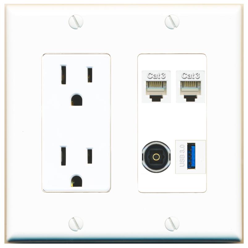 RiteAV 2 PHONE TOSLINK USB-3 Wall Plate with 15A Power Outlet [White]