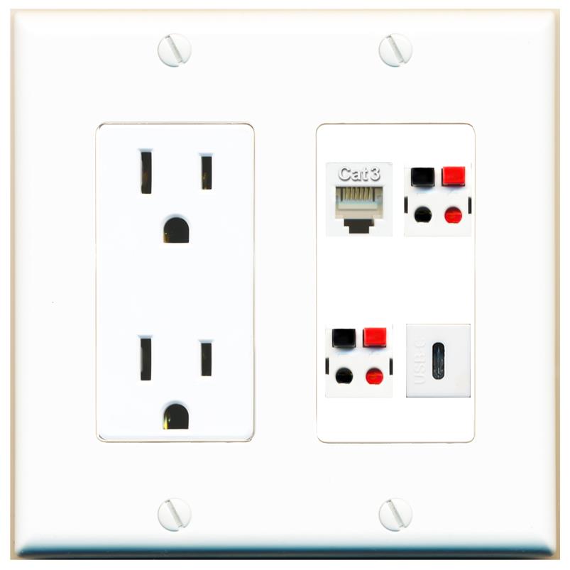 RiteAV PHONE 2 SPEAKER USBC Wall Plate with 15A Power Outlet [White]
