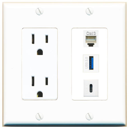 1 PHONE 1 USB-3 1 USBC Wall Plate [White]