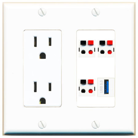 RiteAV 3 SPEAKER USB-3 Wall Plate with 15A Power Outlet [White]