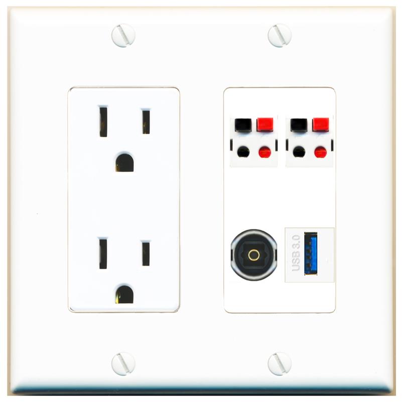 RiteAV 2 SPEAKER TOSLINK USB-3 Wall Plate with 15A Power Outlet [White]