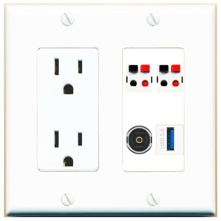 RiteAV 2 SPEAKER TOSLINK USB-3 Wall Plate with 15A Power Outlet [White]