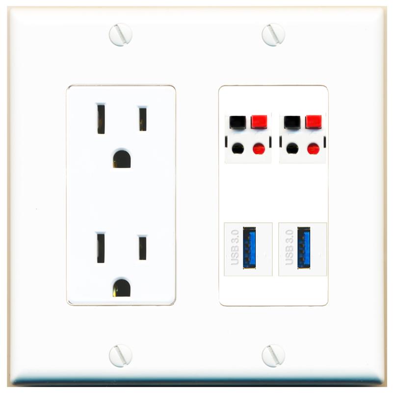 RiteAV 2 SPEAKER 2 USB-3 Wall Plate with 15A Power Outlet [White]