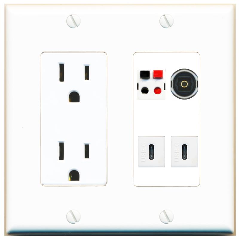 RiteAV SPEAKER TOSLINK 2 USBC Wall Plate with 15A Power Outlet [White]