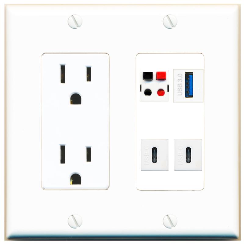 RiteAV SPEAKER USB-3 2 USBC Wall Plate with 15A Power Outlet [White]