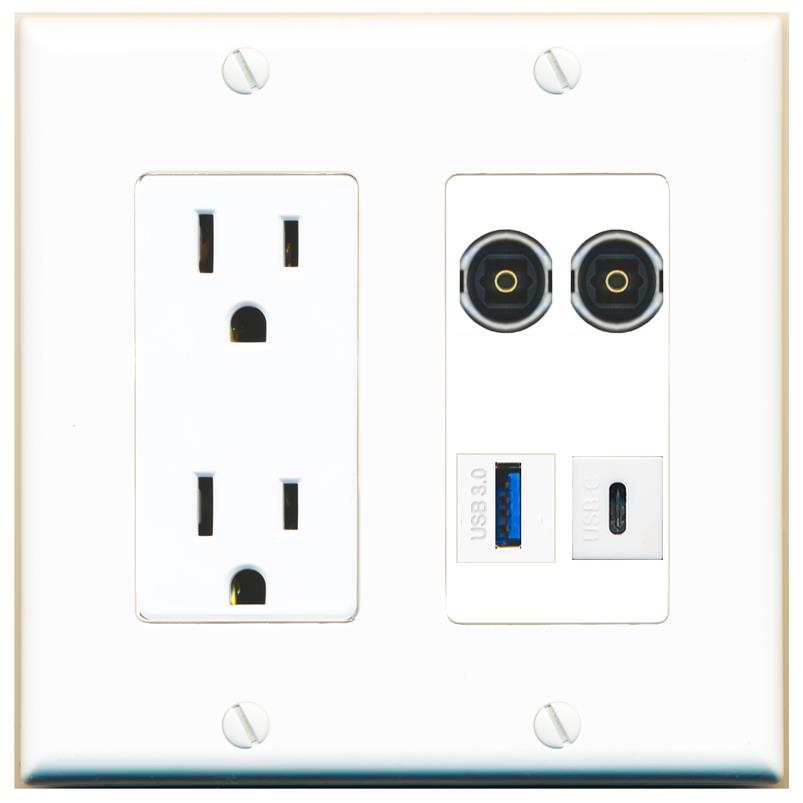 RiteAV 2 TOSLINK USB-3 USBC Wall Plate with 15A Power Outlet [White]