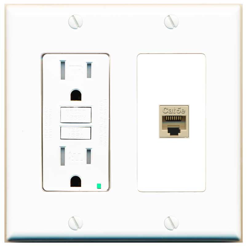 RiteAV CAT5E-IVORY Wall Plate with GFCI Power Outlet [White]