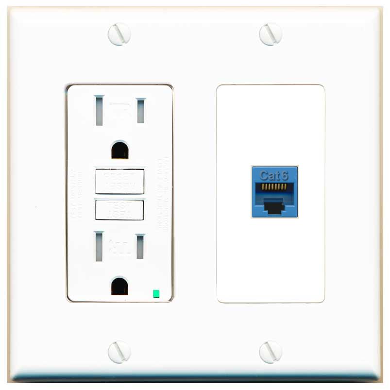 RiteAV CAT6-BLUE Wall Plate with GFCI Power Outlet [White]