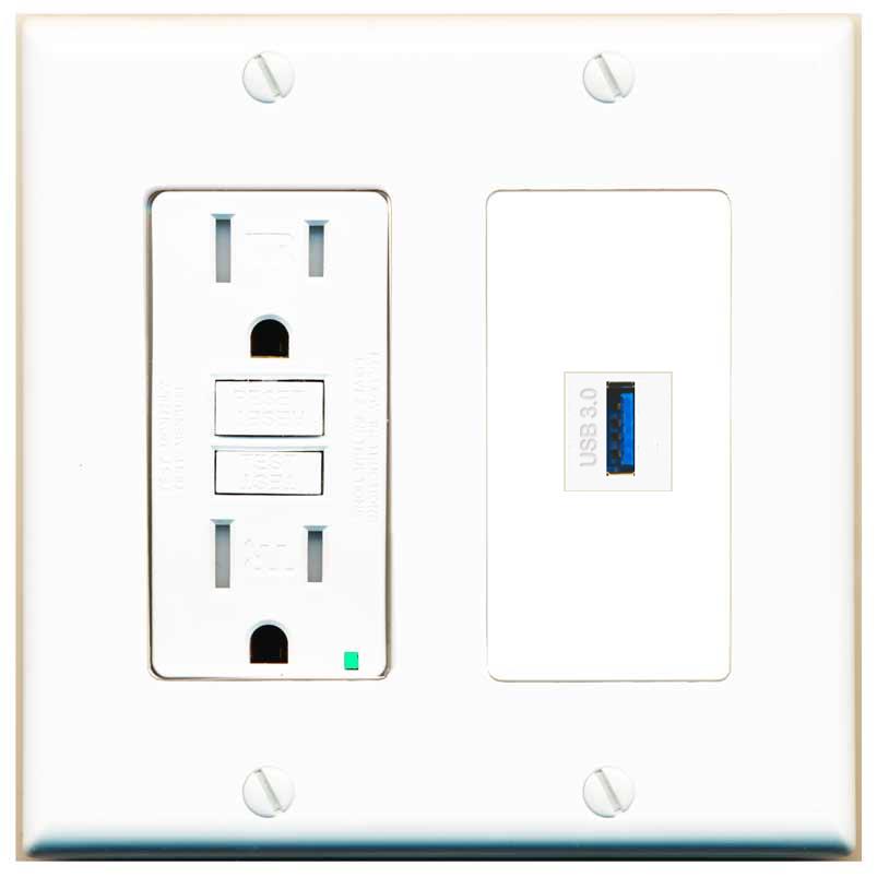 RiteAV USB-3 Wall Plate with GFCI Power Outlet [White]