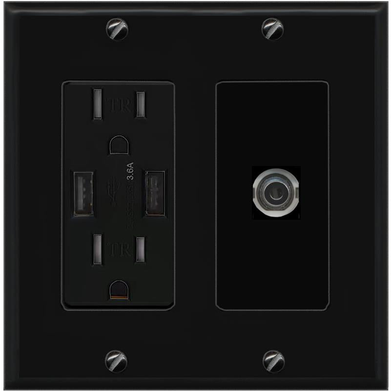 RiteAV 3-5MM Wall Plate with USB A Charger Power Outlet [Black]