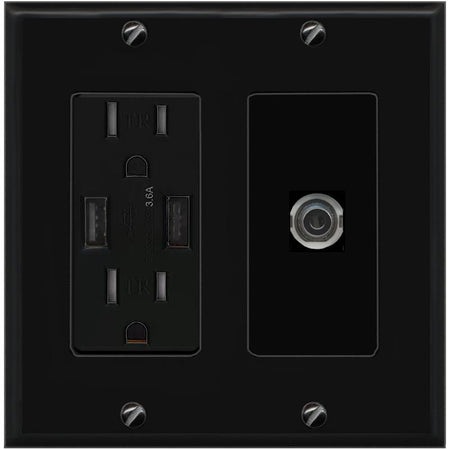 RiteAV 3-5MM Wall Plate with USB A Charger Power Outlet [Black]