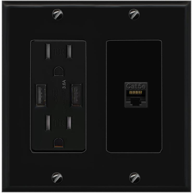 RiteAV CAT5E-BLACK Wall Plate with USB A Charger Power Outlet [Black]