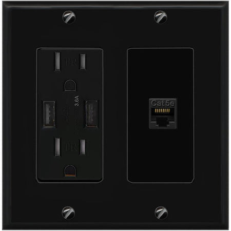 RiteAV CAT5E-BLACK Wall Plate with USB A Charger Power Outlet [Black]