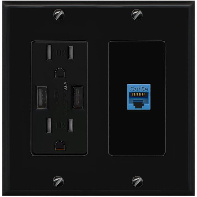 RiteAV CAT5E-BLUE Wall Plate with USB A Charger Power Outlet [Black]