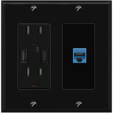 RiteAV CAT5E-BLUE Wall Plate with USB A Charger Power Outlet [Black]
