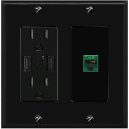 RiteAV CAT5E-GREEN Wall Plate with USB A Charger Power Outlet [Black]