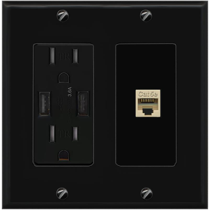 RiteAV CAT5E-IVORY Wall Plate with USB A Charger Power Outlet [Black]