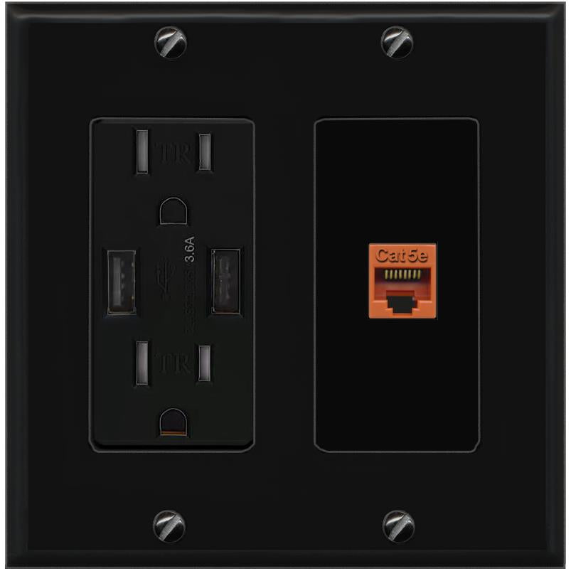 RiteAV CAT5E-ORANGE Wall Plate with USB A Charger Power Outlet [Black]