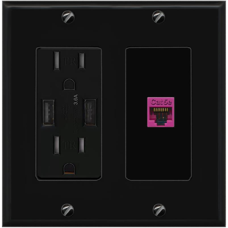 RiteAV CAT5E-PINK Wall Plate with USB A Charger Power Outlet [Black]