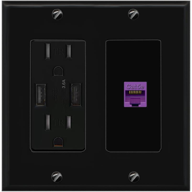 RiteAV CAT5E-PURPLE Wall Plate with USB A Charger Power Outlet [Black]