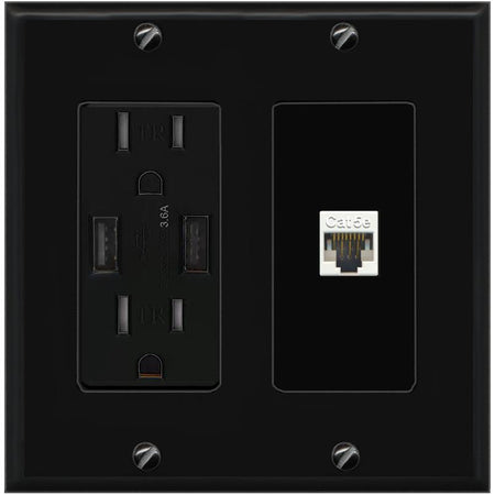 RiteAV CAT5E-WHITE Wall Plate with USB A Charger Power Outlet [Black]