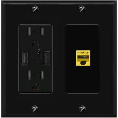 RiteAV CAT5E-YELLOW Wall Plate with USB A Charger Power Outlet [Black]