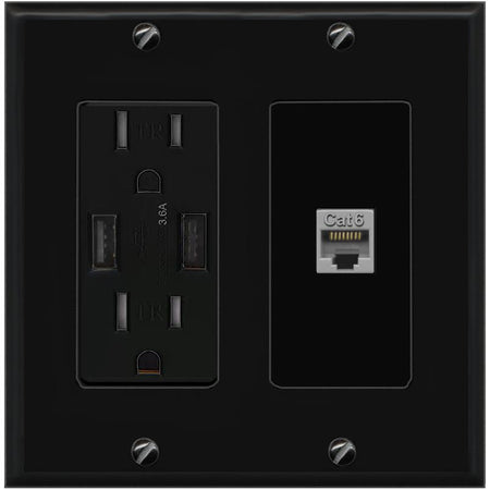 RiteAV CAT6-GRAY Wall Plate with USB A Charger Power Outlet [Black]