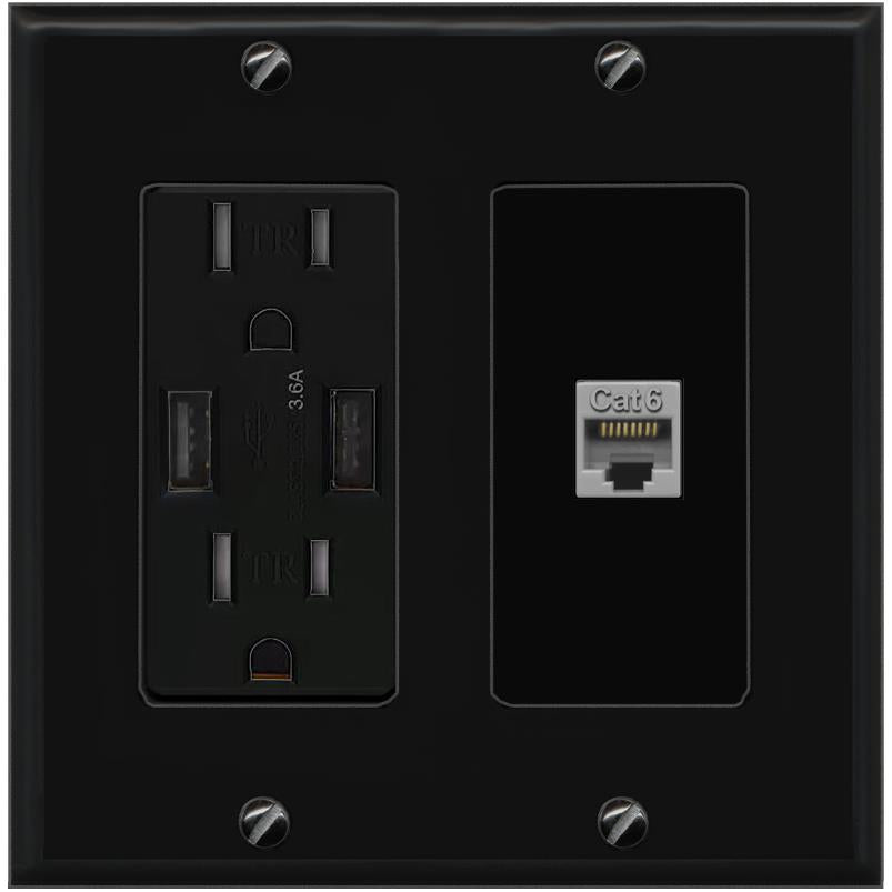 RiteAV CAT6-GRAY Wall Plate with USB A Charger Power Outlet [Black]