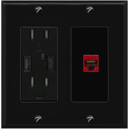 RiteAV CAT6-RED Wall Plate with USB A Charger Power Outlet [Black]