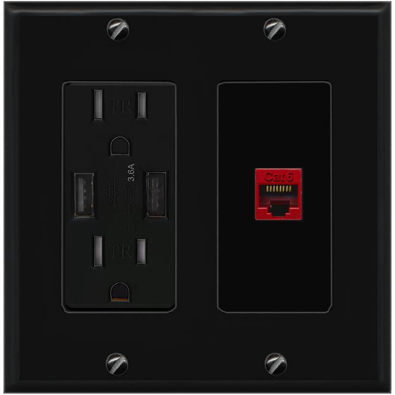 RiteAV CAT6-RED Wall Plate with USB A Charger Power Outlet [Black]