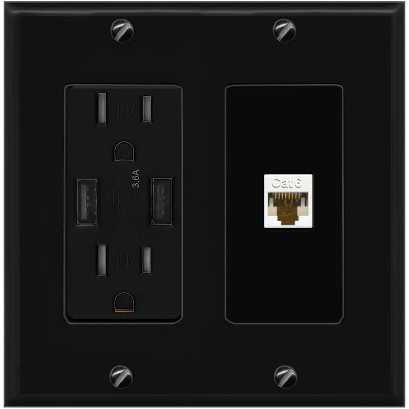 RiteAV CAT6-WHITE Wall Plate with USB A Charger Power Outlet [Black]