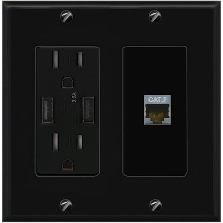 RiteAV CAT7 Wall Plate with USB A Charger Power Outlet [Black]