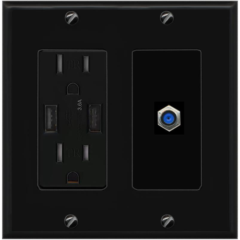 RiteAV F81 Wall Plate with USB A Charger Power Outlet [Black]