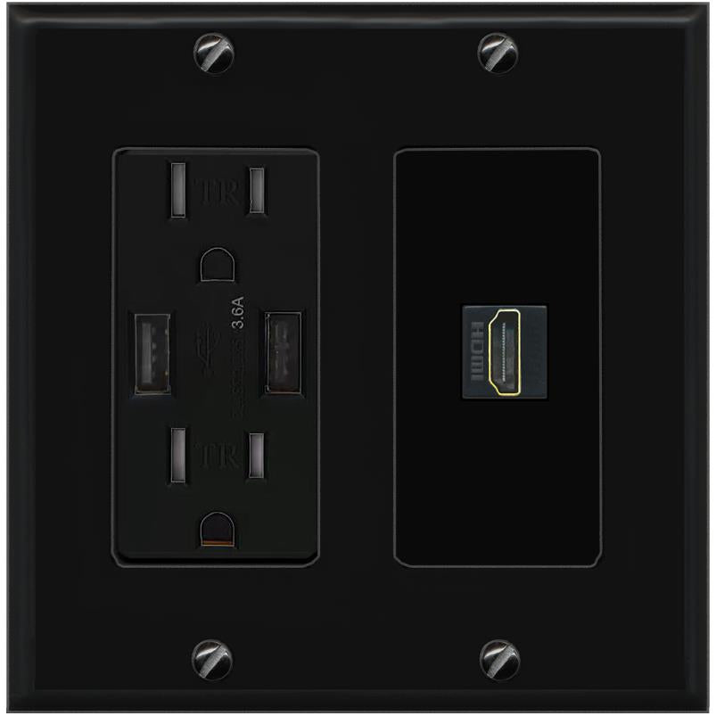 RiteAV HDMI Wall Plate with USB A Charger Power Outlet [Black]