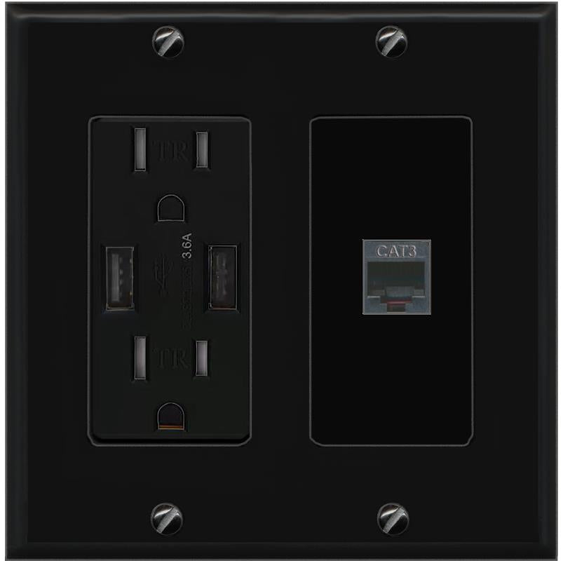 RiteAV PHONE Wall Plate with USB A Charger Power Outlet [Black]