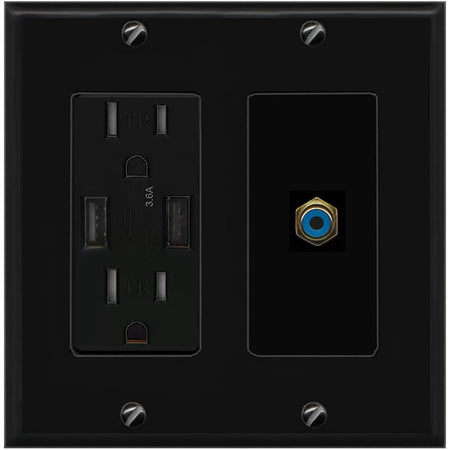 RiteAV RCA-BLUE Wall Plate with USB A Charger Power Outlet [Black]